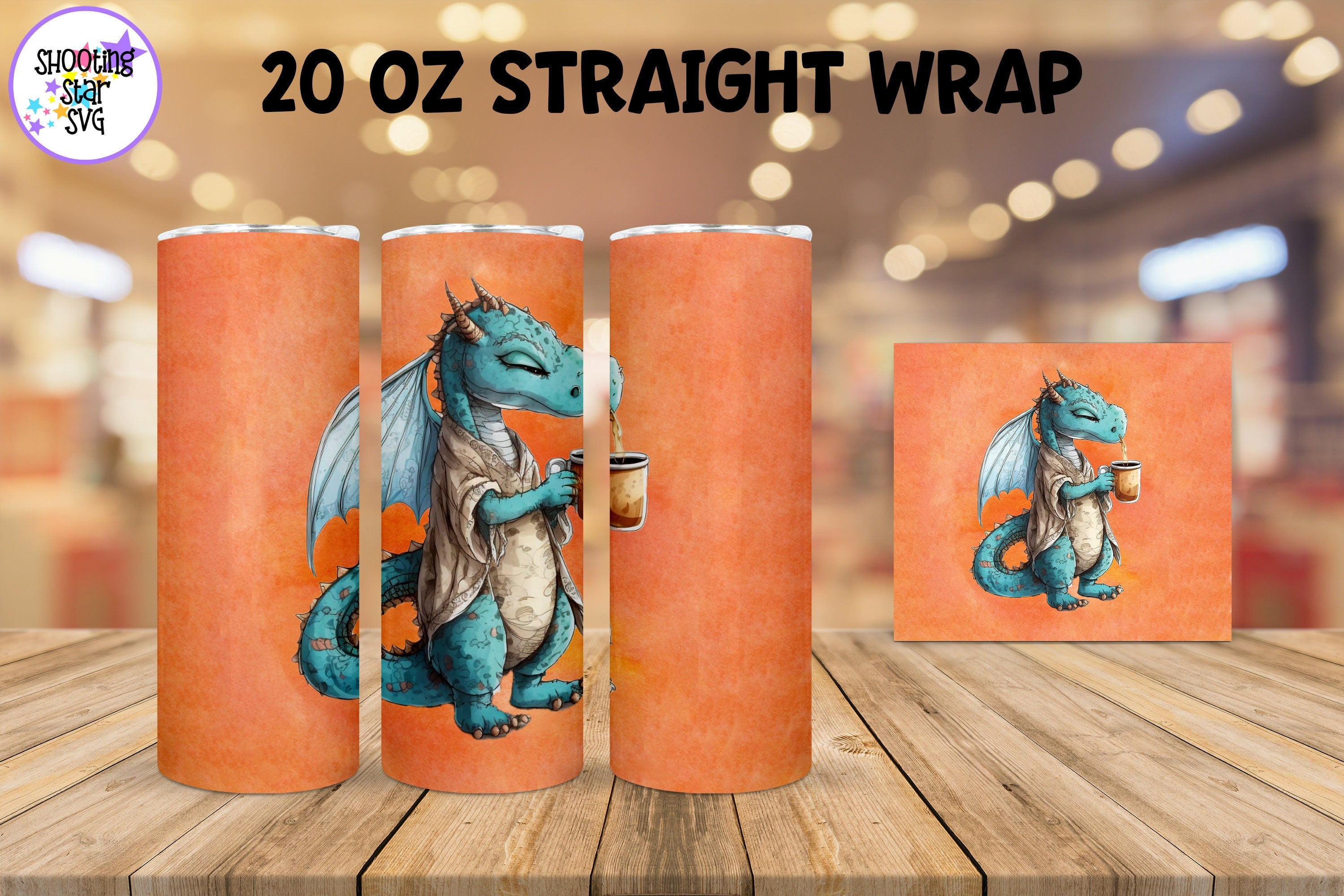 20 oz Sublimation Tumbler Wrap - Watercolor Sleepy Dragon holding a Coffee