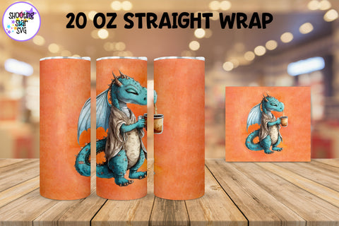 20 oz Sublimation Tumbler Wrap - Watercolor Sleepy Dragon holding a Coffee