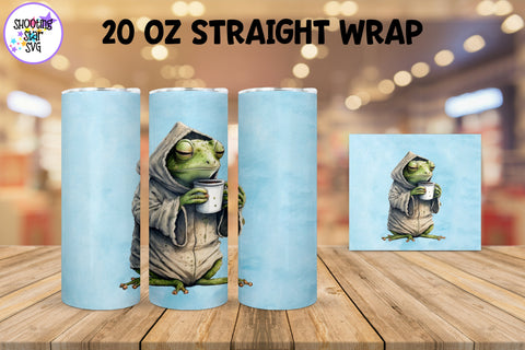 20 oz Sublimation Tumbler Wrap - Watercolor Sleepy Frog holding a Coffee