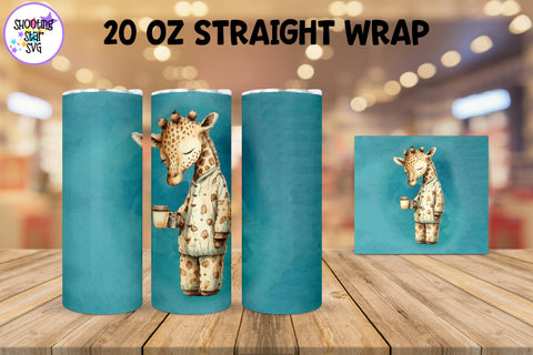 20 oz Sublimation Tumbler Wrap - Watercolor Sleepy Giraffe holding a Coffee
