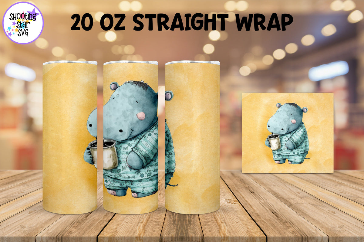 20 oz Sublimation Tumbler Wrap - Watercolor Sleepy Hippo holding a Coffee