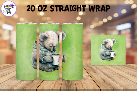 20 oz Sublimation Tumbler Wrap - Watercolor Sleepy Koala Bear holding a Coffee