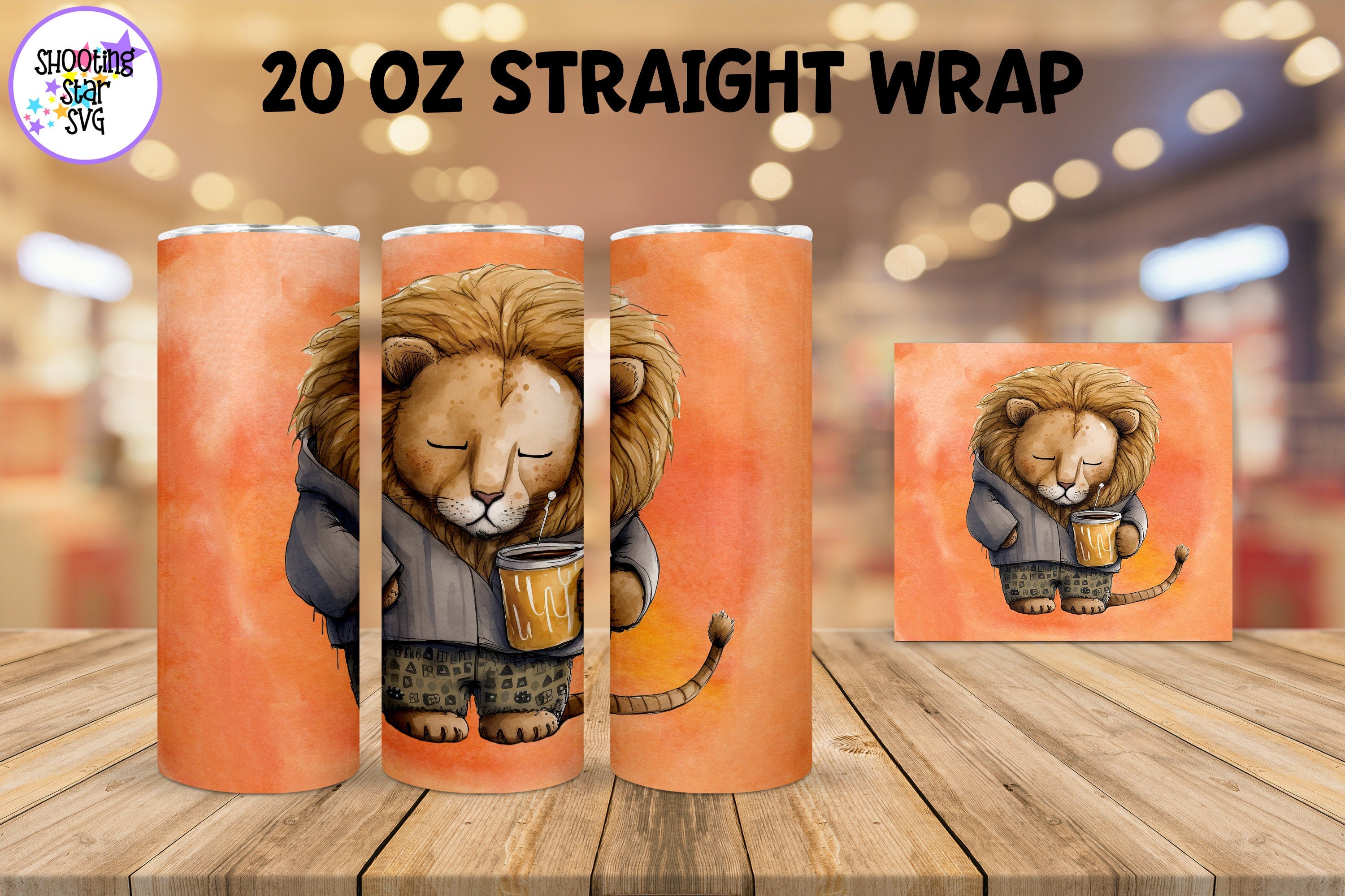 20 oz Sublimation Tumbler Wrap - Watercolor Sleepy Lion holding a Coffee