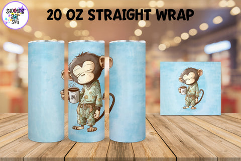 20 oz Sublimation Tumbler Wrap - Watercolor Sleepy Monkey holding a Coffee