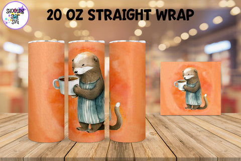20 oz Sublimation Tumbler Wrap - Watercolor Sleepy Otter holding a Coffee