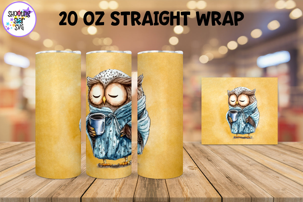 20 oz Sublimation Tumbler Wrap - Watercolor Sleepy Owl holding a Coffee