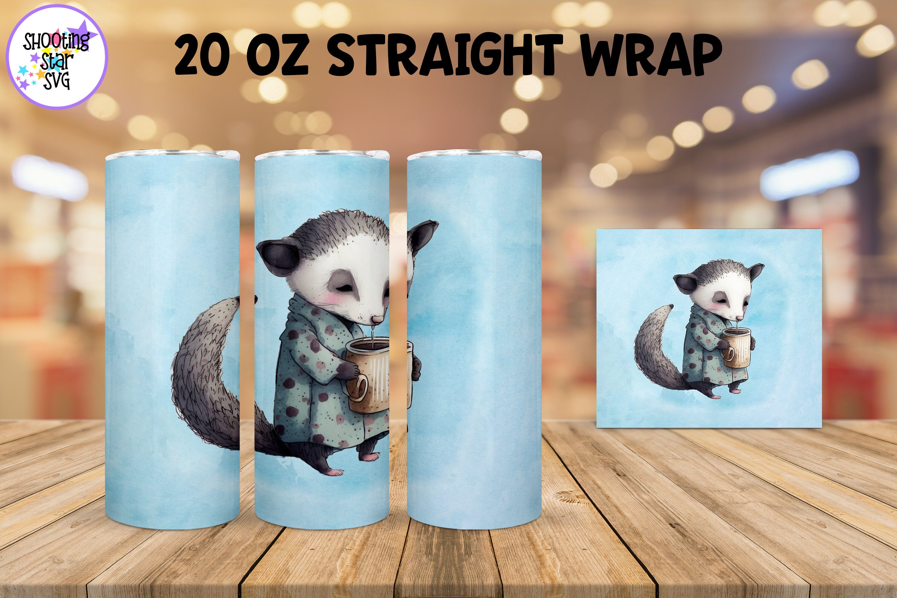 20 oz Sublimation Tumbler Wrap - Watercolor Sleepy Possum holding a Coffee
