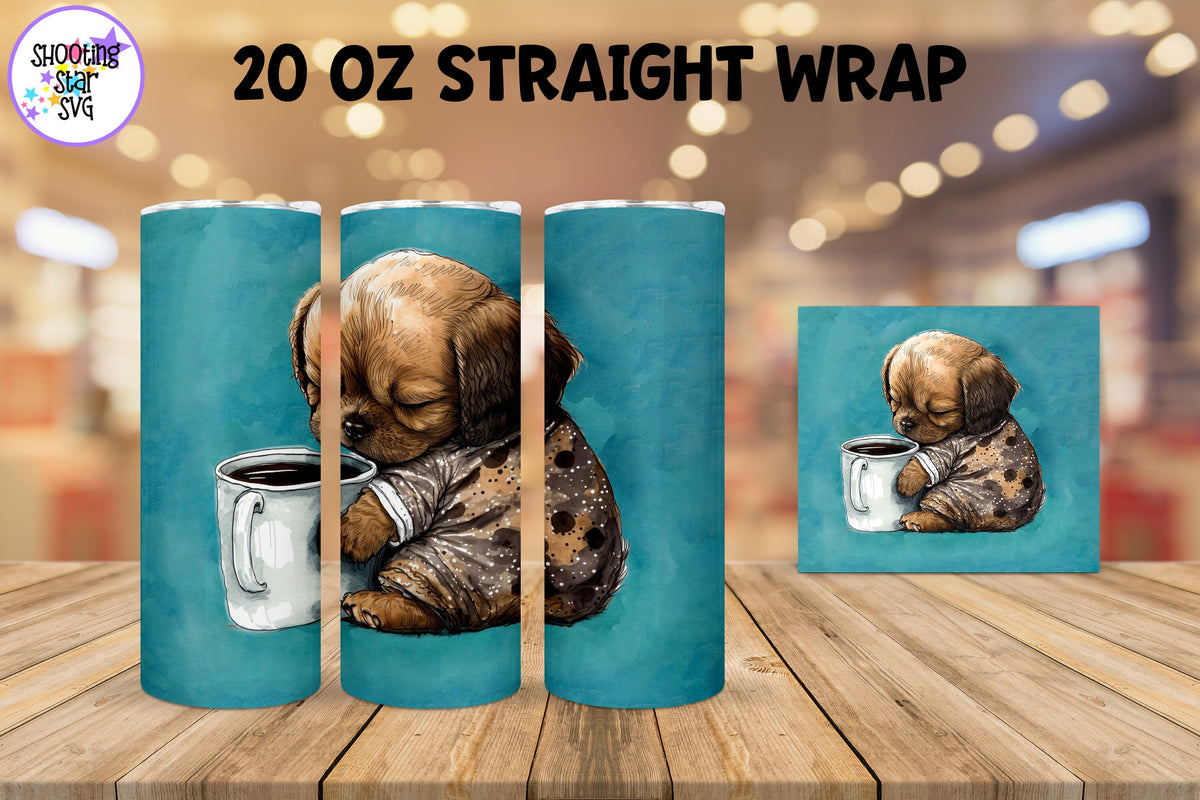 20 oz Sublimation Tumbler Wrap - Watercolor Sleepy Puppy holding a Coffee