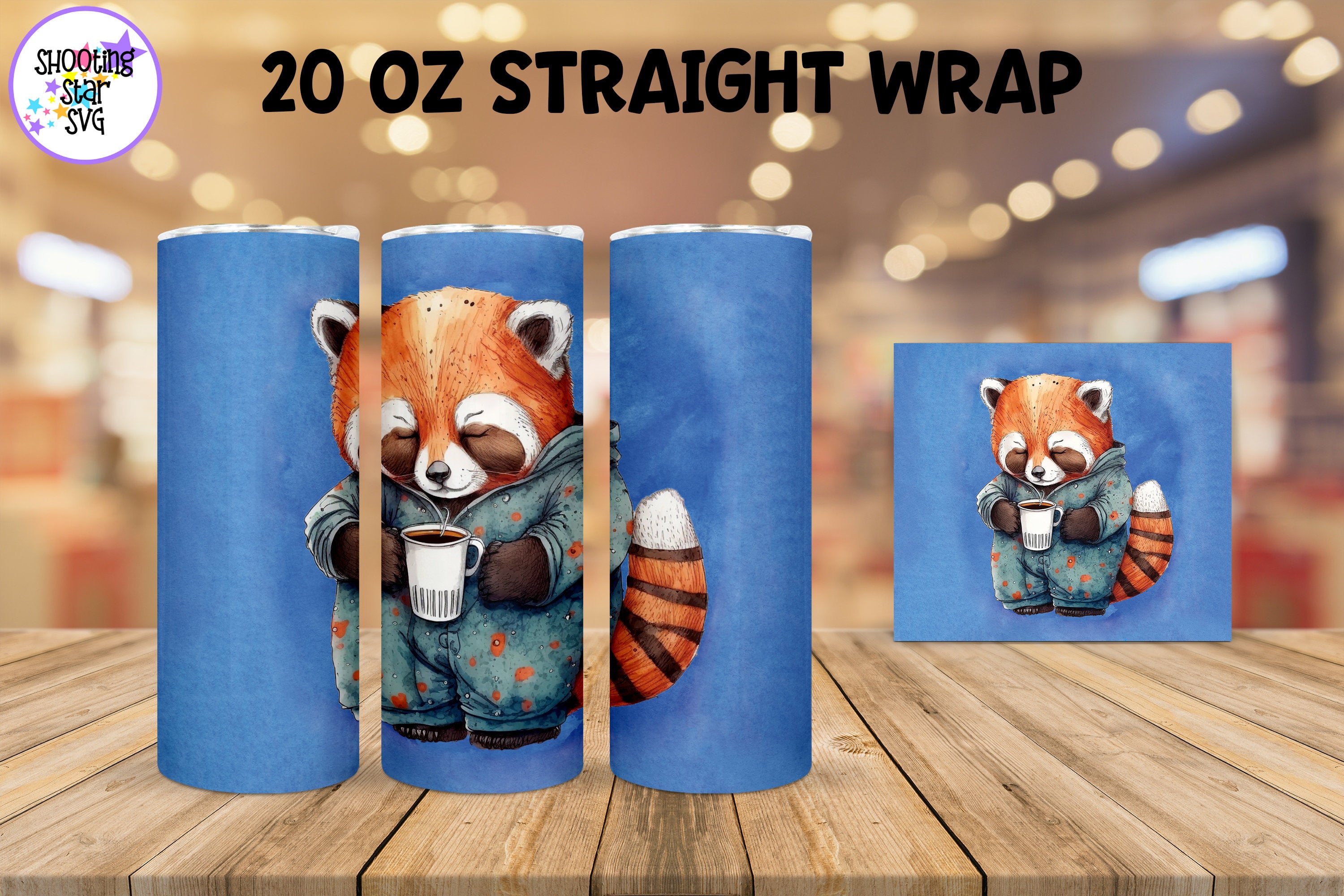 20 oz Sublimation Tumbler Wrap - Watercolor Sleepy Red Panda holding a Coffee