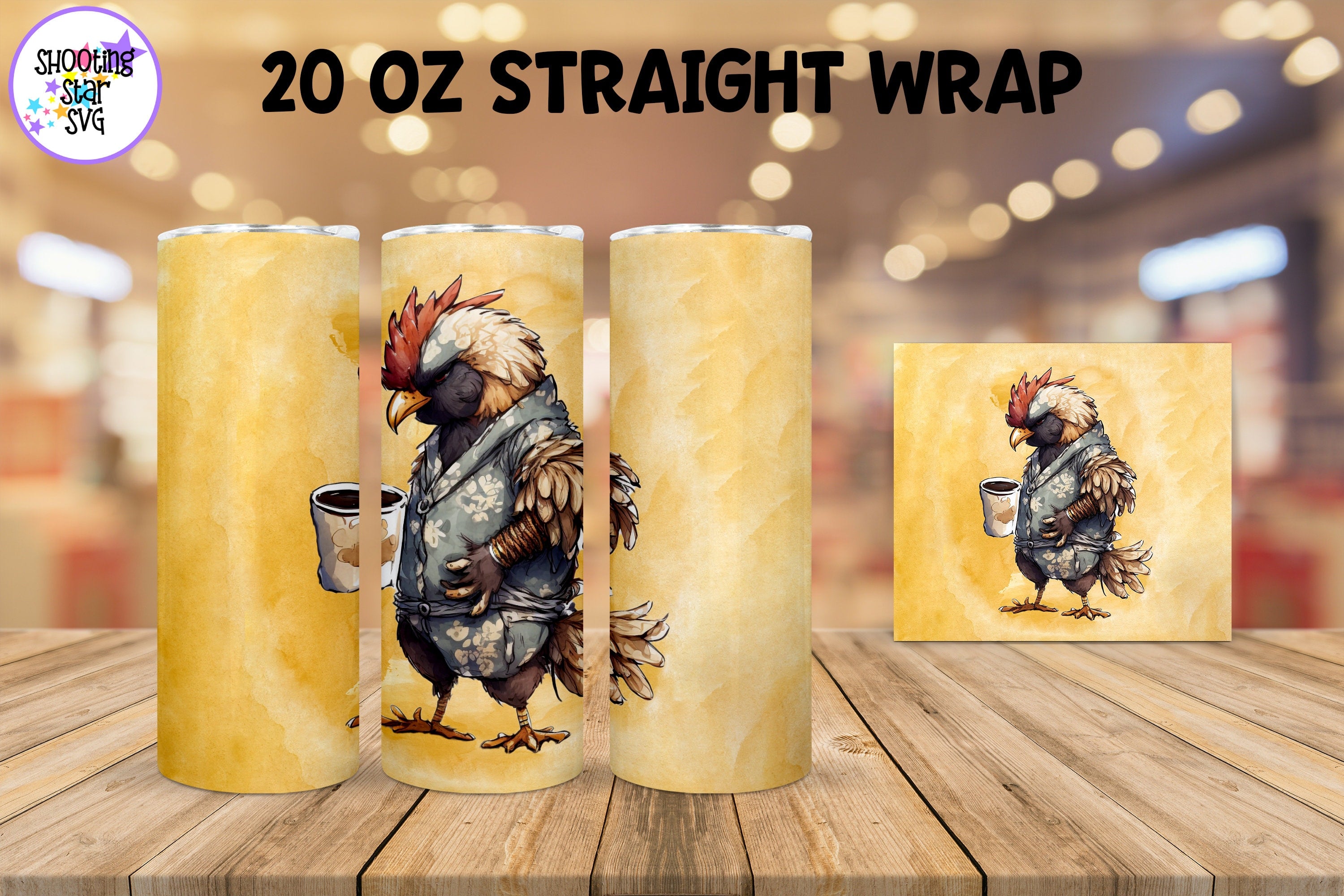 20 oz Sublimation Tumbler Wrap - Watercolor Sleepy Rooster holding a Coffee