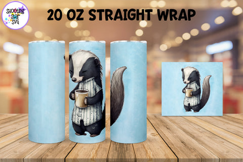 20 oz Sublimation Tumbler Wrap - Watercolor Sleepy Skunk holding a Coffee