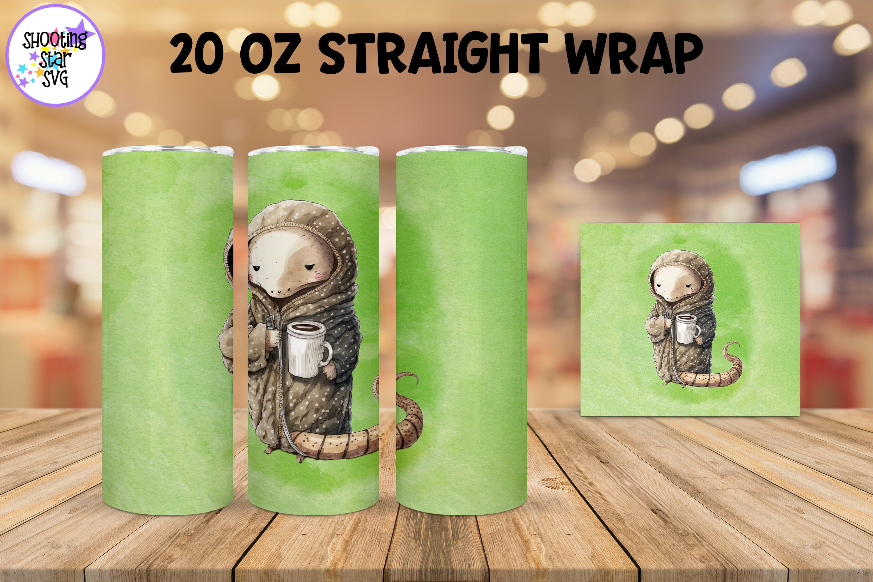 20 oz Sublimation Tumbler Wrap - Watercolor Sleepy Snake holding a Coffee