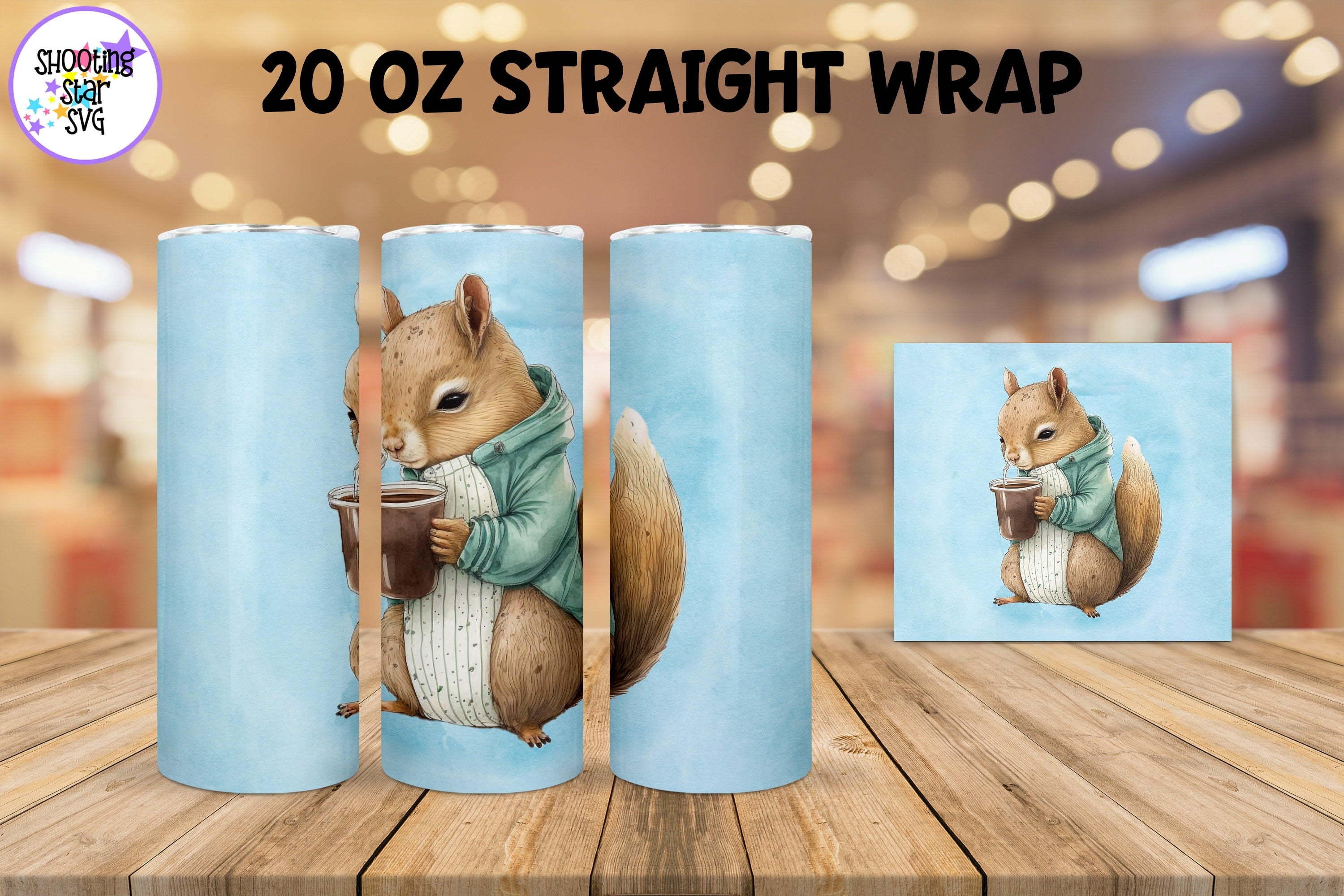 20 oz Sublimation Tumbler Wrap - Watercolor Sleepy Squirrel holding a Coffee