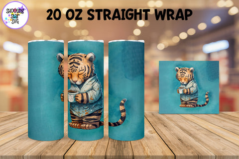 20 oz Sublimation Tumbler Wrap - Watercolor Sleepy Tiger holding a Coffee