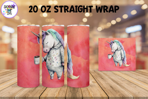 20 oz Sublimation Tumbler Wrap - Watercolor Sleepy Unicorn holding a Coffee