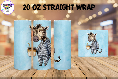 20 oz Sublimation Tumbler Wrap - Watercolor Sleepy Zebra holding a Coffee