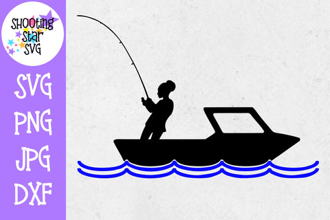 African American woman in boat fishing - woman in fishing boat svg